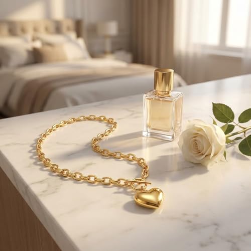 18K Gold Plated Chunky Link Chain Heart Pendant Jewelry for Women, Fashion Statement Accessory, Birthday Gift for Her - color: Gold-Necklace