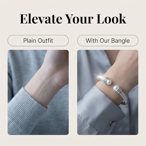 Stainless Steel Twisted Cable Wire Bracelet, Twisted Cable Bracelet with Composite Shell Pearl 6" Cuff Bracelets - color: Silver