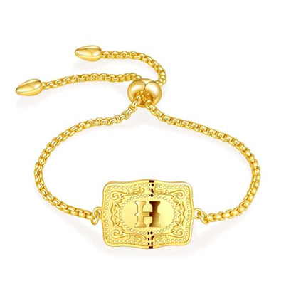 Belt Buckle Initial Bracelet for Women, 18K Gold/Silver Plated Belt Buckle Initial A-Z Bracelet, Unique Western Style Jewelry Gifts for Women Men - style: Gold-H
