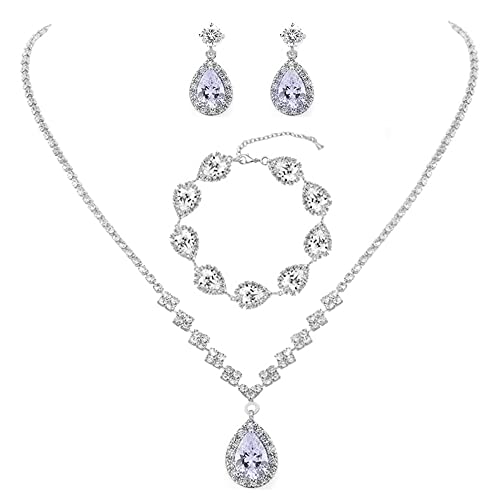 Unicra Bride Crystal Necklace Earrings Set Bridal Wedding Jewelry Sets Rhinestone Choker Necklace Prom Costume Jewelry Set for Women and Brides - color: D-3 Pack Silver Necklace Bracelet Earrings