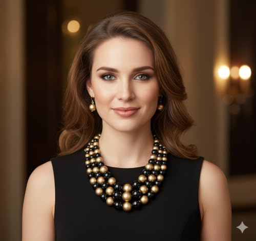 Fashion 21 Women's Faux Pearl Three Multi-Strand Statement Necklace and Earrings Set - color: Black + Gold