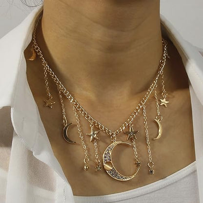 Moon Stars Tassel Pendant Necklaces Big Moon Clavicle Necklace Star Tassel Collarbone Chain Fashion Moon Choker Celestial Star Long Tassel Neck Accessories Jewelry for Women - color: Gold