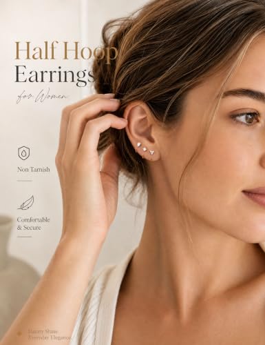Backless Half Hoop Earrings for Women Hypoallergenic Small Huggie Earrings | Stay Close Open Hoop Stud Earring Stacks, No Back Poke Free Comfort, 14k Gold Plated, Trendy Cubic Zirconia Rose Gold Jewelry