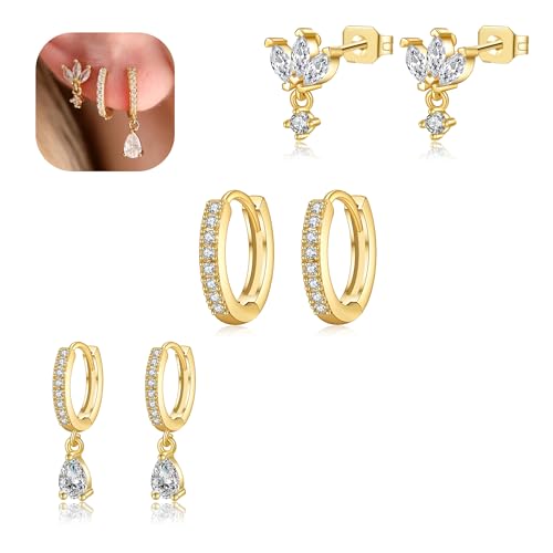 3 Pairs Huggie Hoop Earring Set 18K Gold Plated Cubic Zirconia Cartilage Earrings, Multi Piercings Ear Jacket Earring Climber Stud Earring for Women Everyday Earrings - color: 3 Pairs Earrings Style B