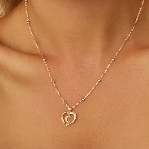 Cicy Bell Womens Heart Initial Necklace 18k Gold Plated | Personalized Letter Pendant, 17.7'' with 2'' Extender - color: Style 2-C-Gold