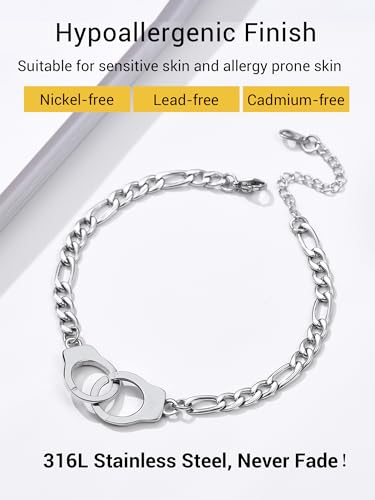 PROSTEEL Trendy Handcuffs Design/Customize Words Ankle Bracelet For Women, 316L Stainless Steel Anklets Silver/Gold/Black Tone, Hypoallergenic, Come with Box - style: 01 Handcuffs Anklet(8.5"-10.5")-Elegant Silver