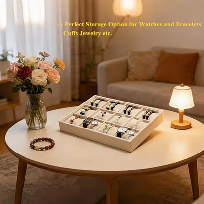 Jewelry Watch Tray, Beige Velvet Watch Jewelry Organizer 12 Grid, Stackable Watch Bracelet Bangle Display Holder, Adjustable Pillows, for Man Woman Show Birthday - color: Beige