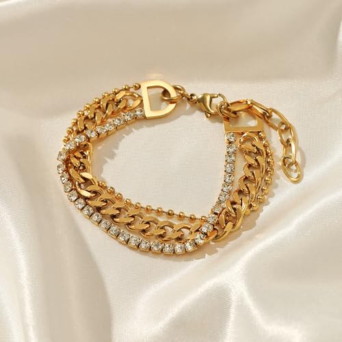 CTRLZTEAM 14K 18K Gold Plated Layered Bracelets for Women Stacked Bracelet | 14K 18K gold plated multi layer bracelets combine distinct chains with single clasp for instant pre-stacked style - style: Integrated Bold Triple-Layer