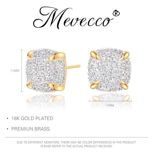 MEVECCO Pave Cubic Zirconia Stud Earrings for Women, 18K Gold Plated Brass | Pave CZ Fronts, Curved Gold Plated Edge Accents, Soft Motifs and Clean Geometric Styles - style: square