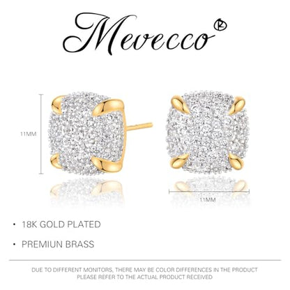 MEVECCO Pave Cubic Zirconia Stud Earrings for Women, 18K Gold Plated Brass | Pave CZ Fronts, Curved Gold Plated Edge Accents, Soft Motifs and Clean Geometric Styles - style: square