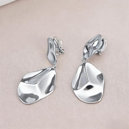 FAN&LOUIS Gold Silver Clip On Dangle Earrings Women,14K Gold Teardrop Statement Dangle Earrings Clips Lightweight Hammered Drop Dangle Clip-on Earrings for Women - style: Silver