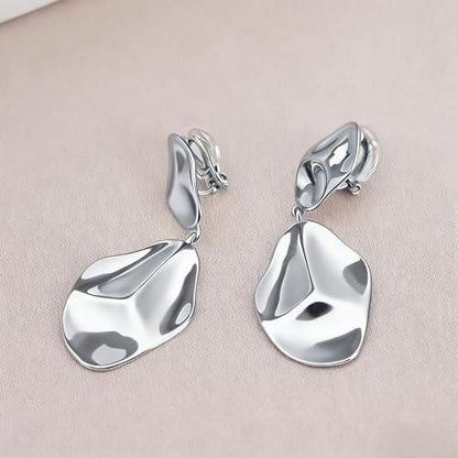 FAN&LOUIS Gold Silver Clip On Dangle Earrings Women,14K Gold Teardrop Statement Dangle Earrings Clips Lightweight Hammered Drop Dangle Clip-on Earrings for Women - style: Silver