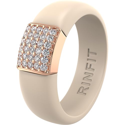 Rinfit Silicone Ring with Metal Plate & CZ for Women | AAAAA Grade Cubic Zirconia Stones, Flexible Rubber Wedding Band, Comfortable Fit, Engagement Ring for Her, Patented Design - color: Pack C: Nude and Rose Gold