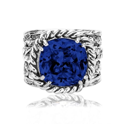 JEAN RACHEL JEWELRY 925 Sterling Silver Braid Leaf Cushion Ring | Ornate statement ring beautifully adorned with sculpted leaf motifs, twisted rope braids, and a CZ center stone. - color: Sapphire CZ