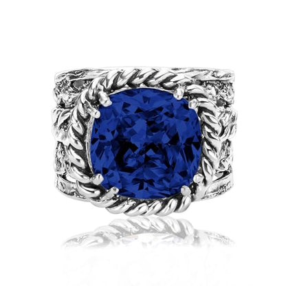 JEAN RACHEL JEWELRY 925 Sterling Silver Braid Leaf Cushion Ring | Ornate statement ring beautifully adorned with sculpted leaf motifs, twisted rope braids, and a CZ center stone. - color: Sapphire CZ