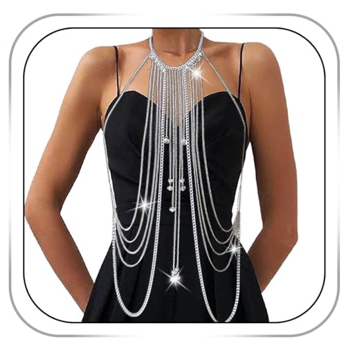 CanB Body Chain Necklace Flower Lace Body Chain Layered Tassel Body Crossover Harness Sexy Body Accessories for Women and Girls
