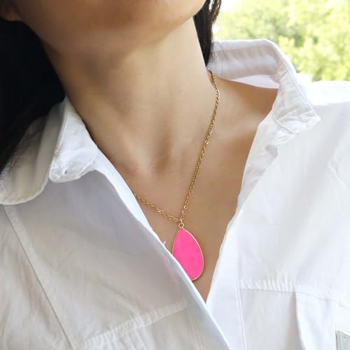 BaubleStar Teardrop Natural Crystal Healing Stone Pendant Necklace | Birthstone Quartz Necklace for Women, Multi-Color Available - color: Hot Pink