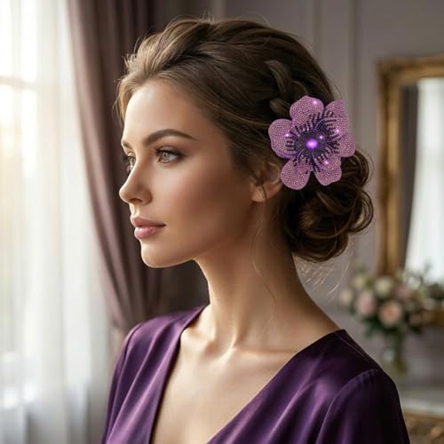 3.74 Inches Rhinestone Camellia Flower Brooch Pins & Hair Clips for Women Elegant Created Crystal Lapel Pin Brooches Wedding Party - color: Purple