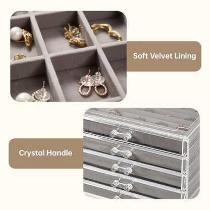 Acrylic Jewelry Box with 5 Drawers, Clear Earring Holder Organizer Rings Display Case with Adjustable Velvet Trays for Women Girls, Grey - color: Grey