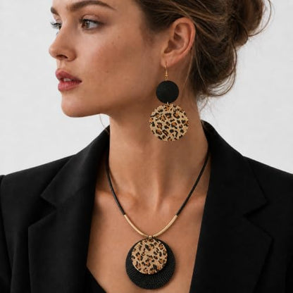 Statement Necklace and Earrings Set – 2PCS Gold Silver Chunky Geometric Pendant Jewelry with Snake Chain, Asymmetrical Ellipse Y-Necklace Metallic Fashion Jewelry for Women - color: D:Leopard Pattern
