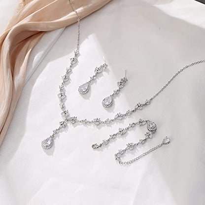 Teardrop Marquise Cubic Zirconia Wedding Prom Jewelry Set for Women Bridal | Silver/Gold/Rose Gold Plated, Pear Cut Pendant Necklace Drop Earrings Link Bracelet, for Bride Bridesmaid, for Banquet Party - style: A_Three Set, Silver-Tone