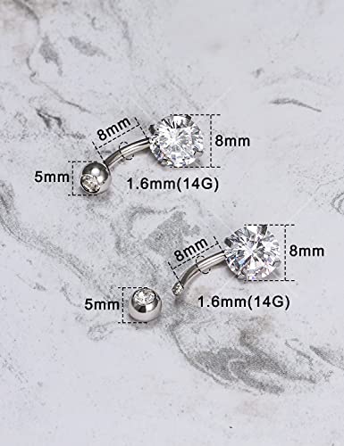 Long Belly Button Ring 6mm 8mm 10mm 12mm 14mm Surgical Stainless Steel Round Cubic Zirconia Navel Barbell Long Bar Belly Button Piercing Jewelry Silver, black, rose gold belly ring - color: 2pcs-8mm-Silver navel ring