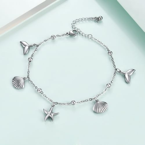 Rnivida Ocean Theme Starfish Shell Anklet,Stainless Steel Foot Jewelry for Women
