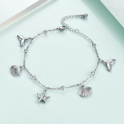Rnivida Ocean Theme Starfish Shell Anklet,Stainless Steel Foot Jewelry for Women