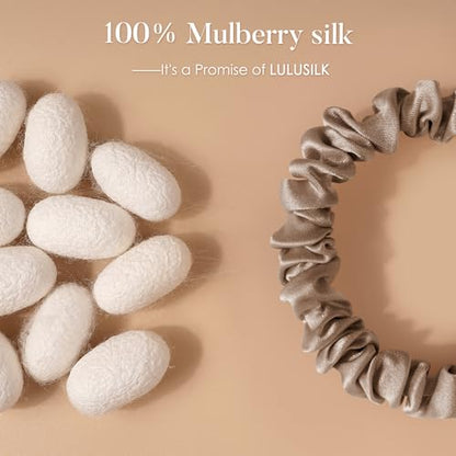 LULUSILK Small Silk Hair Ties No Damage, 100% Real Mulberry Silk, Skinny Scrunchies Ponytail Holders for Thin Fine Hair, Black White and Brown, Pack of 3 - color: Black&White&Brown