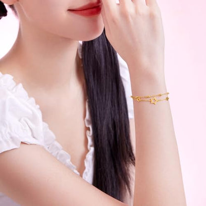 ZHOU LIU FU 18K Yellow Gold Charm Bracelet Hollow Heart Star Butterfly Charms Delicate Double Chain Bracelets Adjustable Cute Jewelry for Women Her Mom Daughter Birthday Anniversary 16+3cm/6.3-7.5" - style: Star