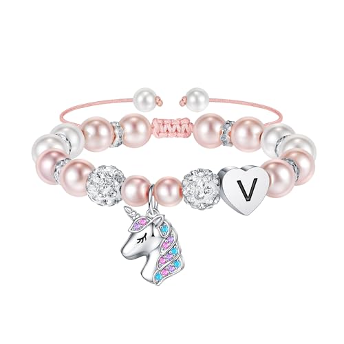 Hidepoo Gifts for Kids Girls - Unicorn Bracelets for Girls Kids, CZ Initial Unicorns Bracelet Adjustable Heart Initial Unicorn Bracelets Jewelry Birthday Gifts for Girl - style: V