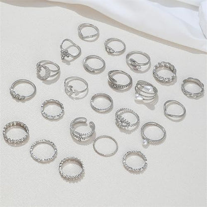 HUASAI Gold Stackable Rings Set for Women Boho Dainty Moon Star Pearl Leaf Cubic Zirconia Heart Midi Pinky Trendy Jewelry Birthday Gifts - color: C Silver 23 Pcs