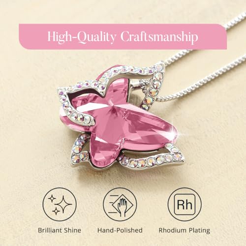 Butterfly Necklace, Birthstone Crystal, for Women, Silver Tone Pendant Jewelry, Anniversary Birthday Gift for Her, Wife & Mom, 18"+2" - color: 10-October Birthstone - Light Rose Pink Crystal