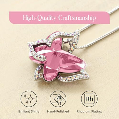 Butterfly Necklace, Birthstone Crystal, for Women, Silver Tone Pendant Jewelry, Anniversary Birthday Gift for Her, Wife & Mom, 18"+2" - color: 10-October Birthstone - Light Rose Pink Crystal