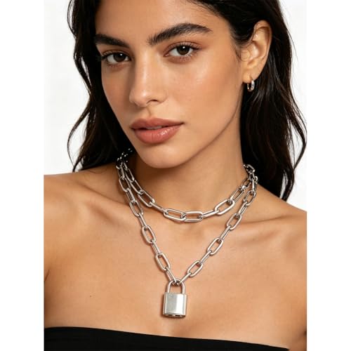 Layered Chunky Gold Silver Necklace Big Cuban Chain Statement Necklace Stacked Punk Chain Choker Necklaces for Women Trendy Jewelry Birthday Gifts - color: 01 Layered Padlock Silver