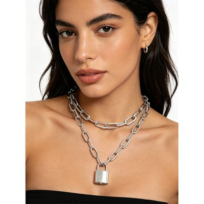 Layered Chunky Gold Silver Necklace Big Cuban Chain Statement Necklace Stacked Punk Chain Choker Necklaces for Women Trendy Jewelry Birthday Gifts - color: 01 Layered Padlock Silver