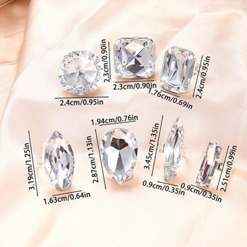 7PCS Elegant Teardrop Crystal Rings Set, Adjustable Alloy Jewelry for Party Wedding Gifts & Special Occasions Large Rhinestones Rings Set