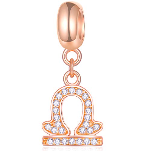 EMOSTAR Zodiac Sign Charms fits European Charm Bracelet – Rose Gold 925 Sterling Silver Necklace Pendant, 12 Horoscope Constellation Dangle CZ Birthstone Beads, Gifts for Women/Men/Birthday - color: Libra (9.23 – 10.22)