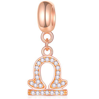 EMOSTAR Zodiac Sign Charms fits European Charm Bracelet – Rose Gold 925 Sterling Silver Necklace Pendant, 12 Horoscope Constellation Dangle CZ Birthstone Beads, Gifts for Women/Men/Birthday - color: Libra (9.23 – 10.22)
