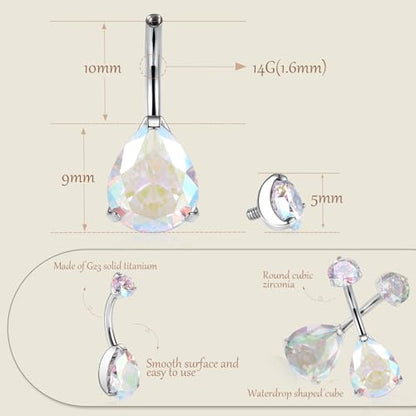 AROWRO Gold Belly Button Ring G23 Titanium Hypoallergenic 14G belly ring for Women Men Teardrop Navel Piercing Jewelry 10mm Barbell With Cubic Zircon - color: Silver+Teardrop AB CZ