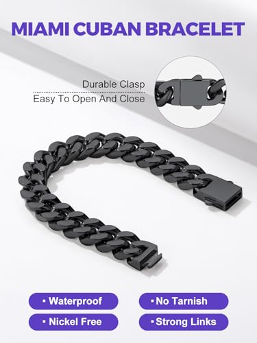 Richsteel Gold/Black/Silver Cuban Link Bracelet for Men,5/7/9/12MM Width | 316L Stainless Steel Chain Wrist Bracelet, Waterproof, No Tarnish, Hypoallergenic Hip Hop Jewelry, with Gift Box - color: 03-Black Plated 12mm Width