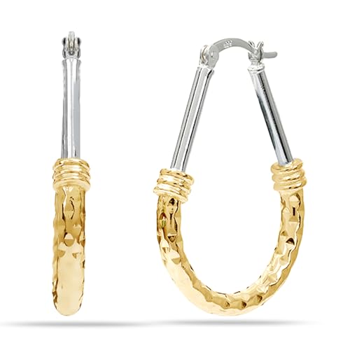 LeCalla 925 Sterling Silver Hoop Earrings for Women | Italian Design Classic Diamond-Cut Textured Hoops Earring | Women's Oval Drop Shape Silver Earring Jewelry - color: Large Two-Tone