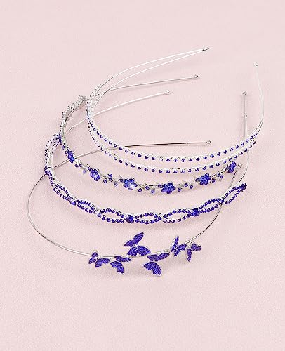 Wecoe Royal Blue Rhinestone Headband Flower Girl Wedding Headpiece Crystal Metal Headbands for Women Fashion Hairband Gifts 4 Pack - color: Silver band & royal blue rhinestones