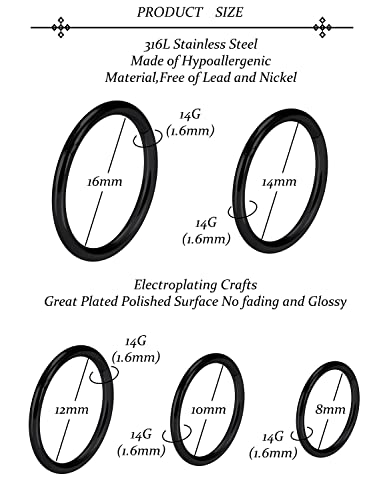 Vsnnsns 14G 16G Septum Nose Rings Hoops Lip Ring Piercing Jewelry 316L Surgical Steel Hinged Segment Clicker Cartilage Tragus Helix Conch Rook Daith Lobe Earrings Hoops Piercing Jewelry for Women Men - color: 14G-Black
