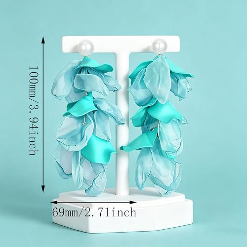 Handmade Bohemian Lightweight Fabric Flower Dangle Drop Earrings Chic Pearl Large Tassel Petal Stud Earrings For Women - color: Light Blue