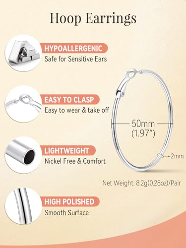 FaithHeart Silver/Black/Gold Stainless Steel Thin Hoop Earrings for Women | 2mm Wide Thin Large Hoop Earrings, Hypoallergenic Lightweight Trendy Jewelry, 20/30/40/50/60/70/80/90/100mm - color: Silver, size: 50mm/1.97"