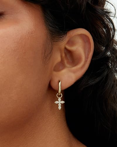 PAVOI 14K Gold Plated S925 Sterling Silver Post Lightweight Drop Dangle Huggie Hoop Earrings for Women | Star, Lock, Pearl, Cross, Lightening, Coin | Dainty Earrings - style: Cross