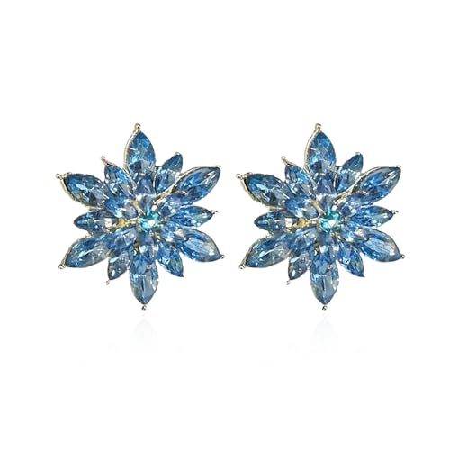 Crystal Flower Burst Stud Earrings Large Big Sparkly CZ Cubic Rhinestone Floral Cluster Flower Stud Earrings Bridal Wedding Party - color: Blue