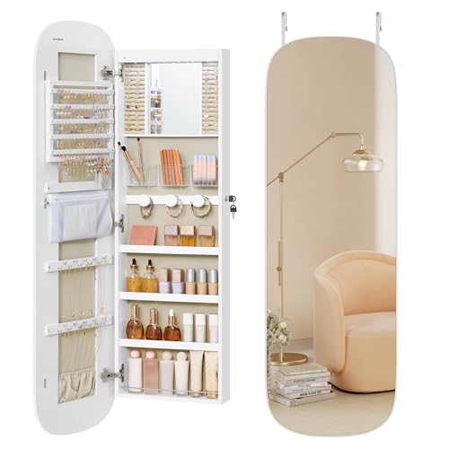 SONGMICS Jewelry Organizer, LED Jewelry Cabinet Wall/Door Mounted, Lockable Rounded Wide Mirror with Storage, Interior Mirror, 3.9 x 16.5 x 55 Inches, White Surface with Greige Lining - color: Cloud White, size: 55"H, style: Rounded Corner Mirror