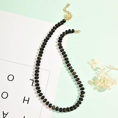 Boho Gemstone Beaded Necklace for Women – Colorful Natural Stone Choker 18K Solid Heart-Shaped Pendant, Summer Beach Jewelry - color: Golden Obsidian